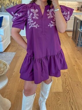 entro Purple Embroidered Puff-Sleeve Mini Dress